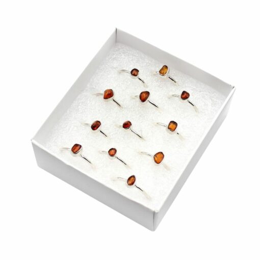 Set of 12/Box Assorted Shaped Amber Rings Tear Drop, Round & Oval Shaped- 925 Sterling Silver-Ring