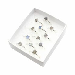 Set of 12/Box Assorted Shaped Labradorite Rings – Sterling Silver – Tear Drop, Round, Oval Shaped