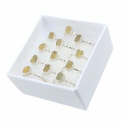 Set of 12 Box Assorted Shaped Raw Libyan Desert Glass Rings – 925 Sterling Silver Rings.