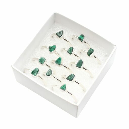 Set of 12/Box Assorted Shaped Malachite Rings 925 Sterling Silver