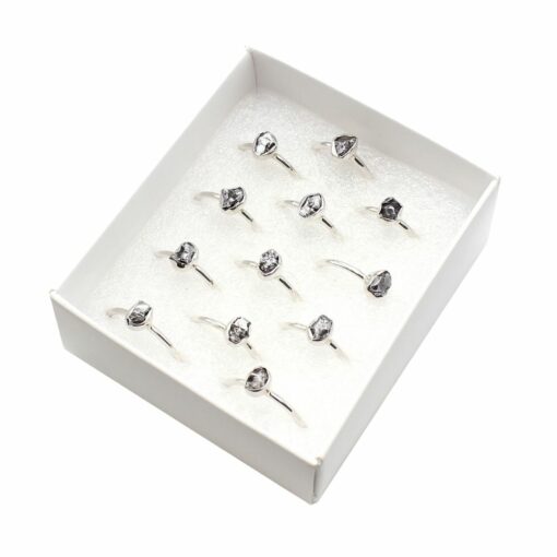 Set of 12 Box Assorted Shaped Meteorite Rings Tear Drop, Round & Oval Shaped- 925 Sterling Silver