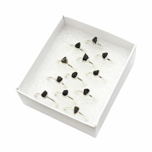 Set of 12 Box Assorted Shaped Shungite Rings Tear Drop, Round & Oval Shaped- 925 Sterling Silver