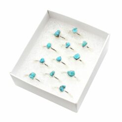 Set of 12/Box Assorted Shaped Turquoise Rings – Sterling Silver -Tear Drop, Round, Oval Shaped