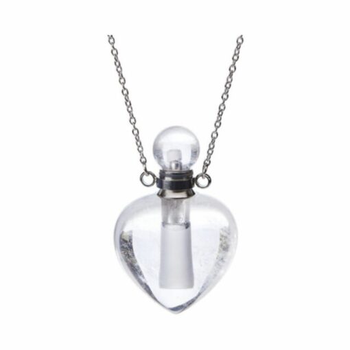 Clear Quartz Crystal Aromatherapy Manifest Heart Pendant Bottle Necklace – 925 Sterling Silver