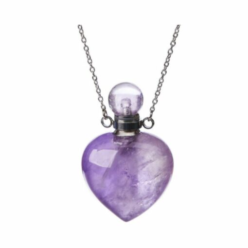 Amethyst Crystal Aromatherapy Spirit Heart Pendant Bottle Necklace – 925 Sterling Silver