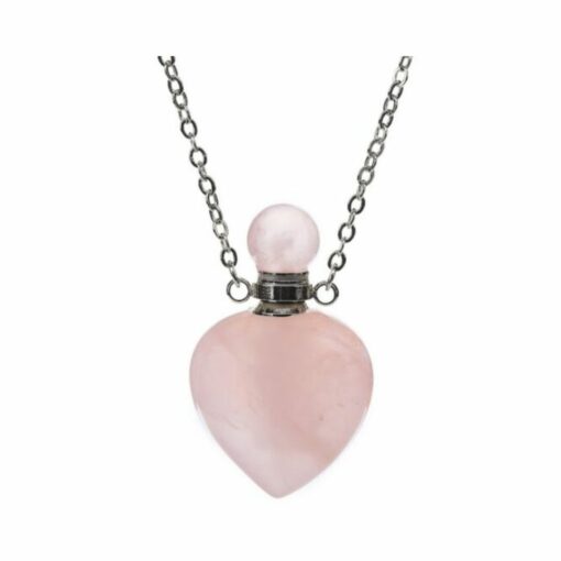 Rose Quartz Crystal Aromatherapy Love Heart Pendant Bottle Necklace – 925 Sterling Silver