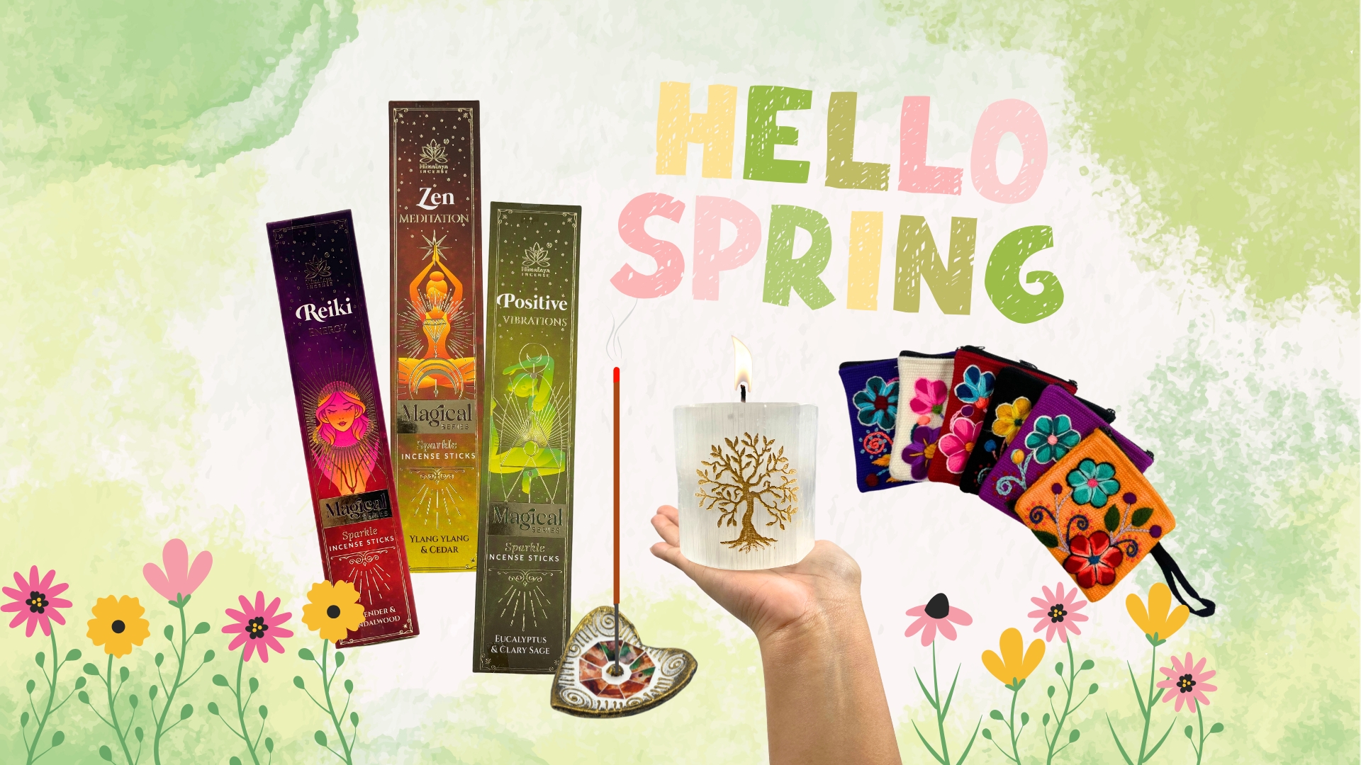 Hello Spring - with magical incense, selenite votive holder and Peruvian coin purses