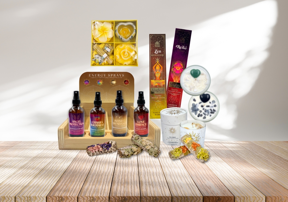 New items showing Energy Sprays, flower sage, crystal candles and new sun candle