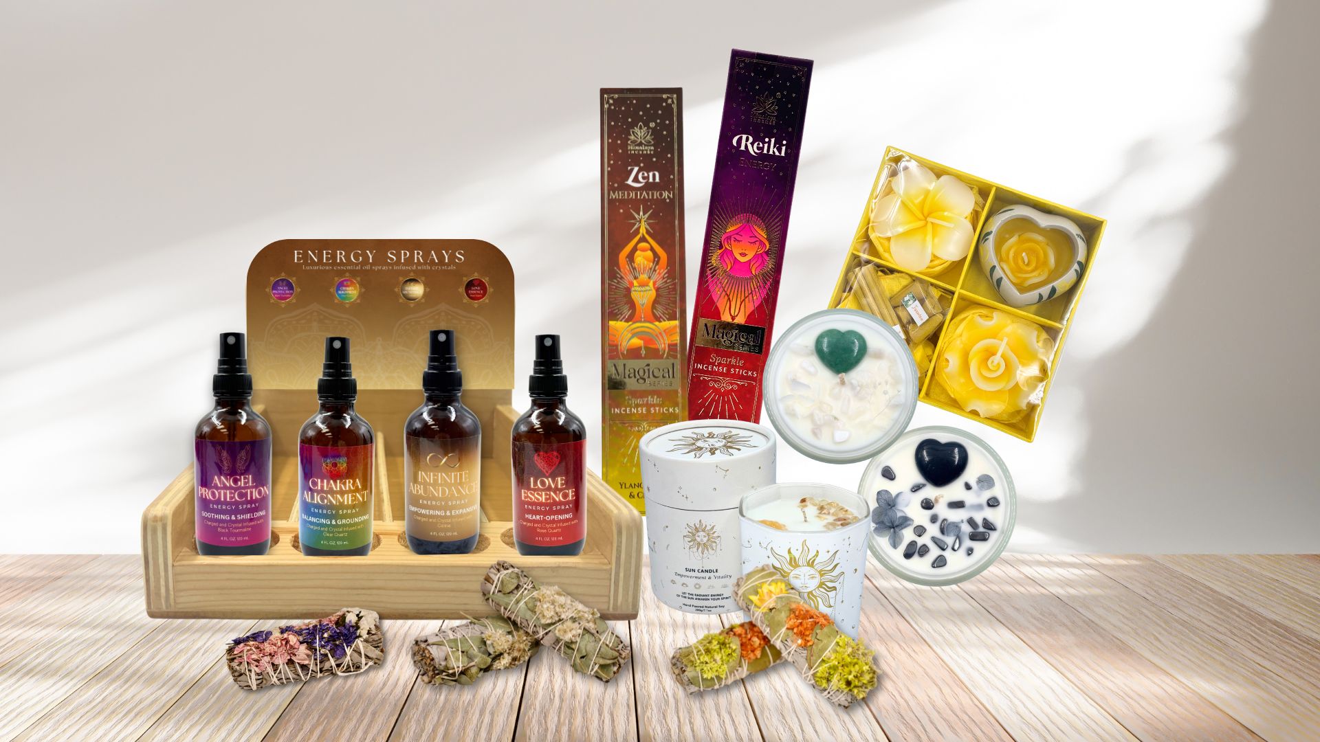 New items showing Energy Sprays, flower sage, crystal candles and new sun candle