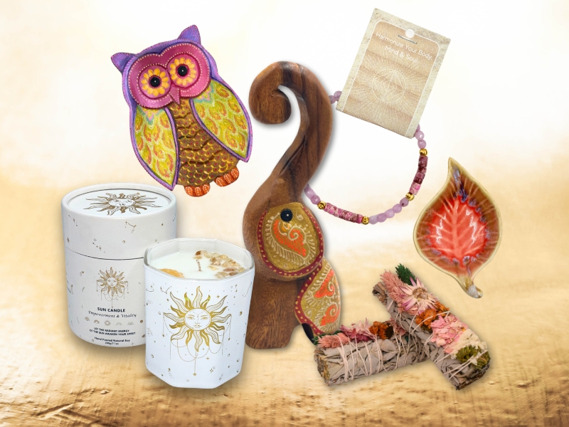 sun candle, wooden elephant, owl bowl, crystal bracelet, flower sage bundle