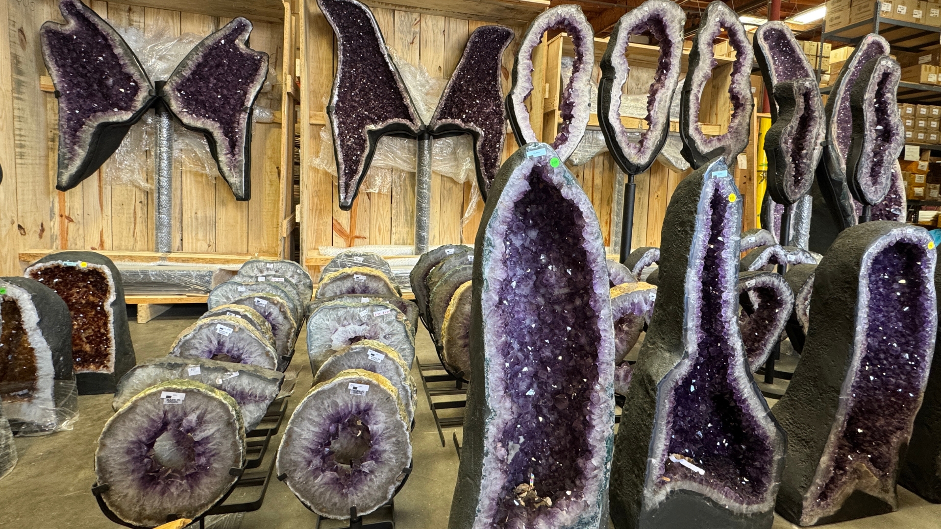 variety of amethyst geodes inclduing amethyst butterflies